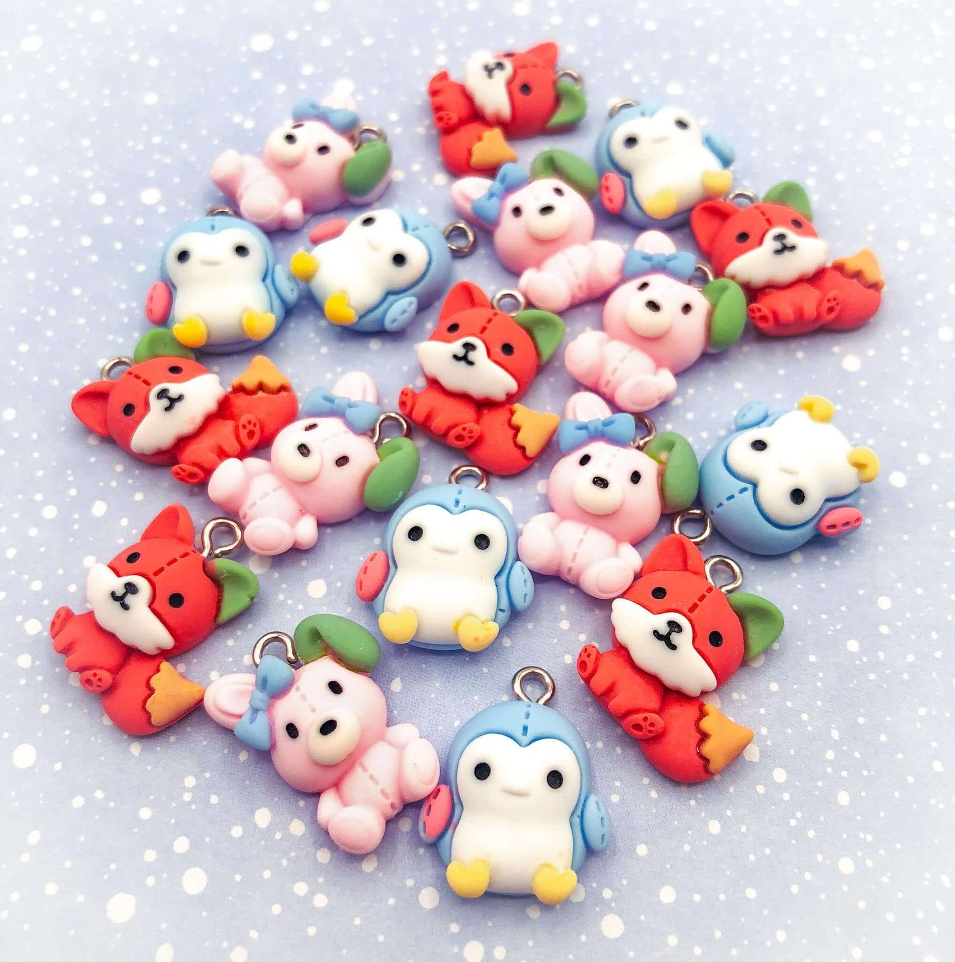 kawaii resin charm charms pendant fox foxes pink bunny rabbit rabbits blue and white penguin penguins cute kawaii uk craft supplies silver hook