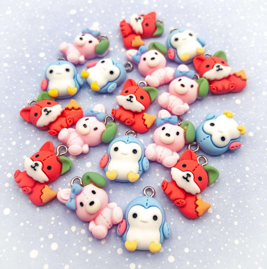 kawaii resin charm charms pendant fox foxes pink bunny rabbit rabbits blue and white penguin penguins cute kawaii uk craft supplies silver hook