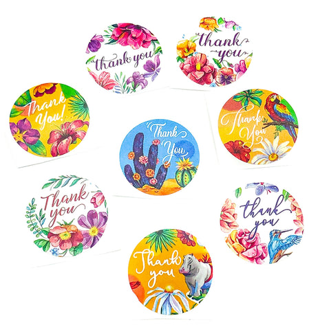summer tropical themed thank you round 25mm sticker stickers seals animals plants floral flowers cacti hippo parrot jungle uk cute stationery packaging supplies