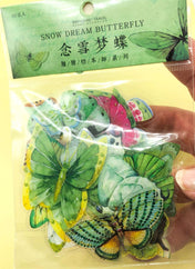 green greens butterfly butterflies clear plastic sticker stickers flake flakes pack of 40 uk cute kawaii stationery