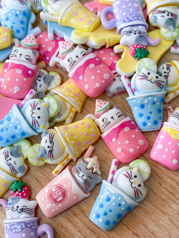 cute kawaii c drink drinks drinking cup mug cafe resin flatback flat back fb fbs resins embellishments polka dot pretty white uk craft supplies straw meow lime pink yellow blue lilac purple cerise cat cats