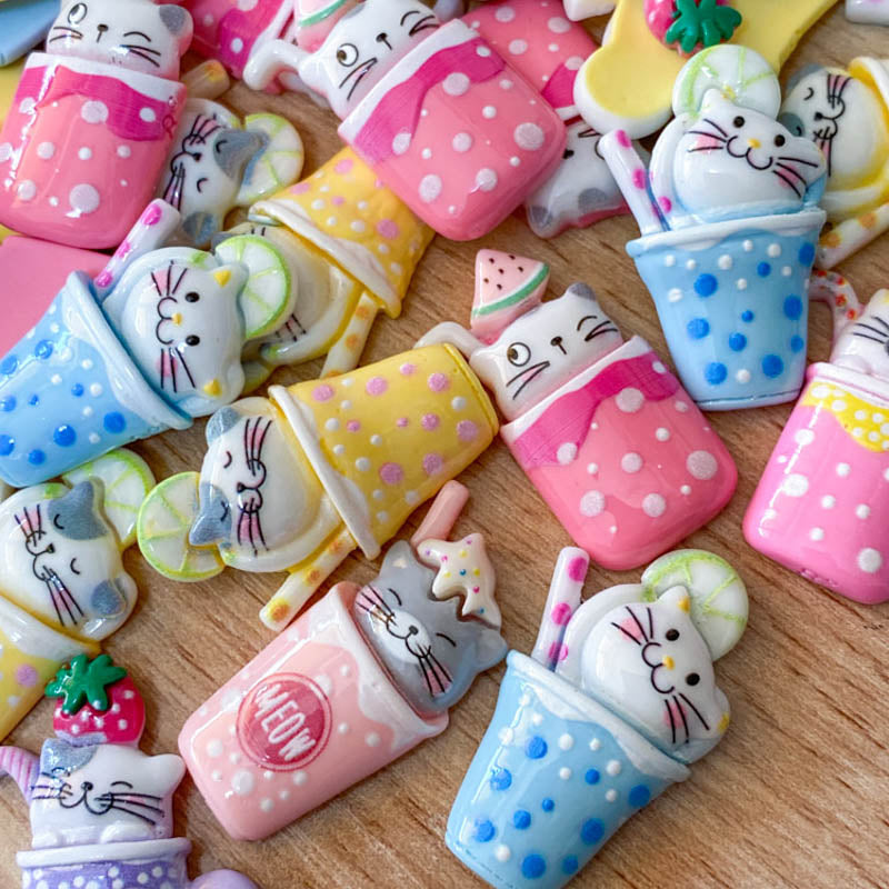 cute kawaii c drink drinks drinking cup mug cafe resin flatback flat back fb fbs resins embellishments polka dot pretty white uk craft supplies straw meow lime pink yellow blue lilac purple cerise cat cats