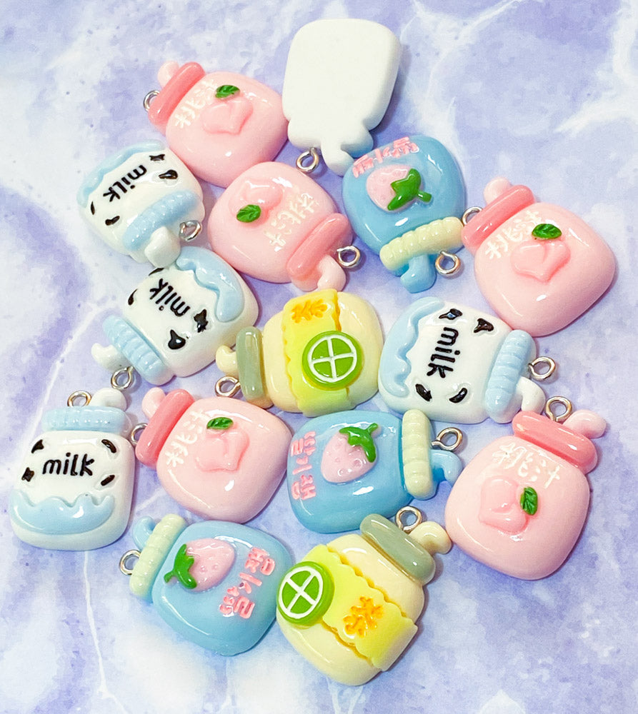 chunky cute kawaii milk milky drink drinks milkshake charm charms resin strawberry lemon lime pink blue yellow white silver tone hooks uk craft supplies carton milkshakes
