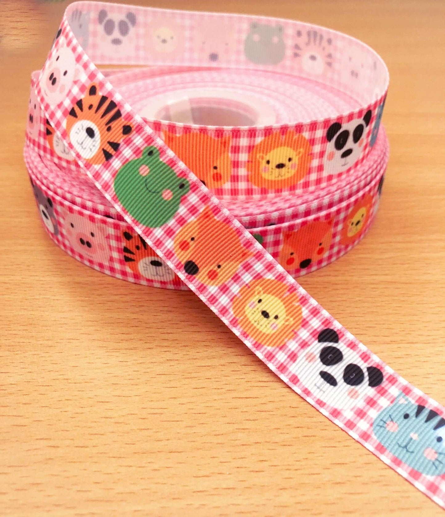 Gingham Animals Bright Pink Grosgrain Ribbon -22mm Wide