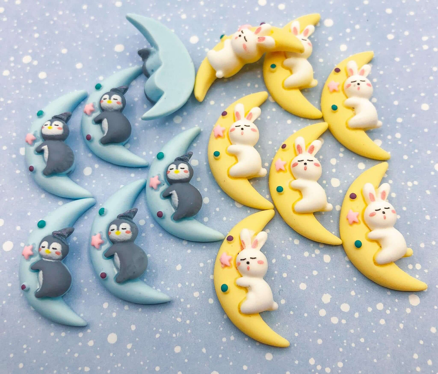 cute crescent moon blue yellow resin flatback fb flat back penguin bunny rabbit kawaii cute craft supplies uk embellishment decoden penguins rabbits