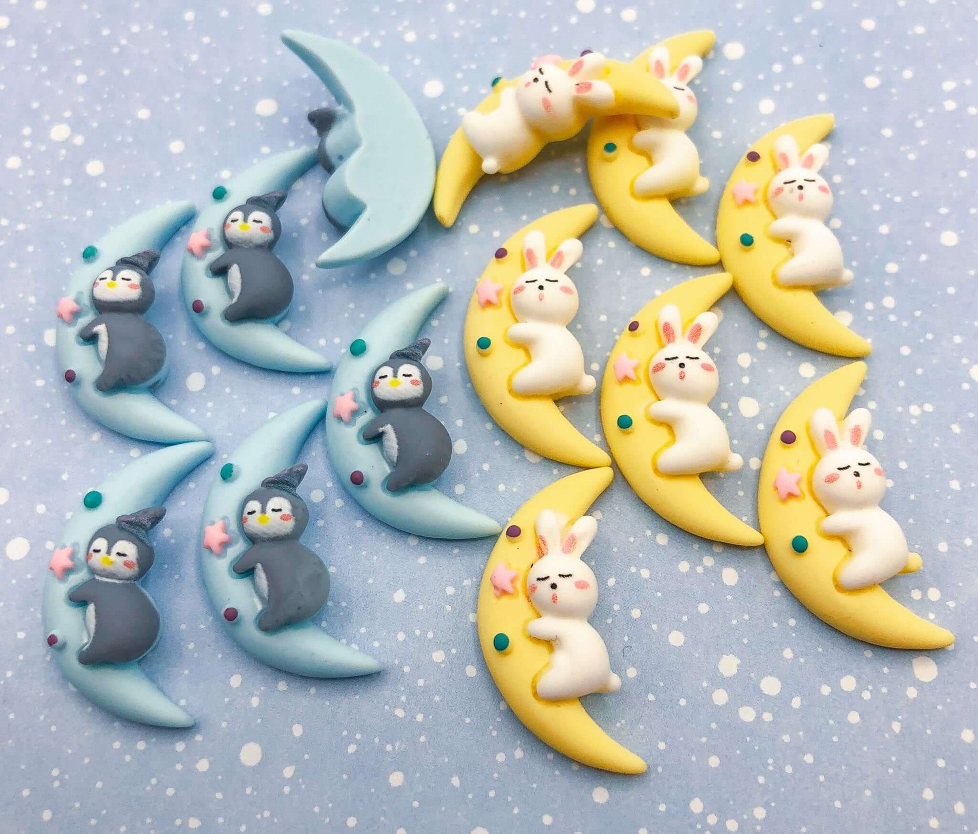 cute crescent moon blue yellow resin flatback fb flat back penguin bunny rabbit kawaii cute craft supplies uk embellishment decoden penguins rabbits