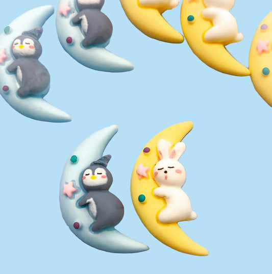 kawaii bunny rabbit penguin cute resin flatback fb flat back embellishment crescent moon stars blue yellow moons cabochon uk craft supplies penguins