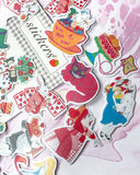 alice in wonderland kawaii cute sticker flake flakes pack packs uk stationery queen white rabbit flamingo cards cheshire cat mad hatter bright colourful teacup 21 eat me cake roses