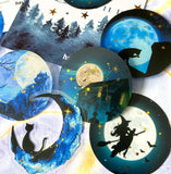 midnight cat black cats magical magic clear plastic pet sticker stickers flake flakes moon stars gold foil foiled round night sky stars moons uk cute kawaii stationery witch spooky halloween pack 30