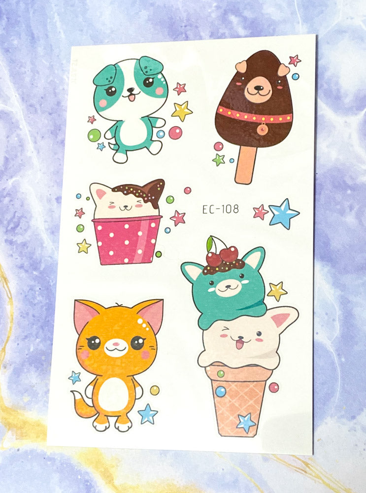 kawaii cat temporary tattoo tattoos cats cute uk gift gifts kids pretty kitty kittens cartoon funny ice cream sweets bright sheet pack party fillers space planet magic