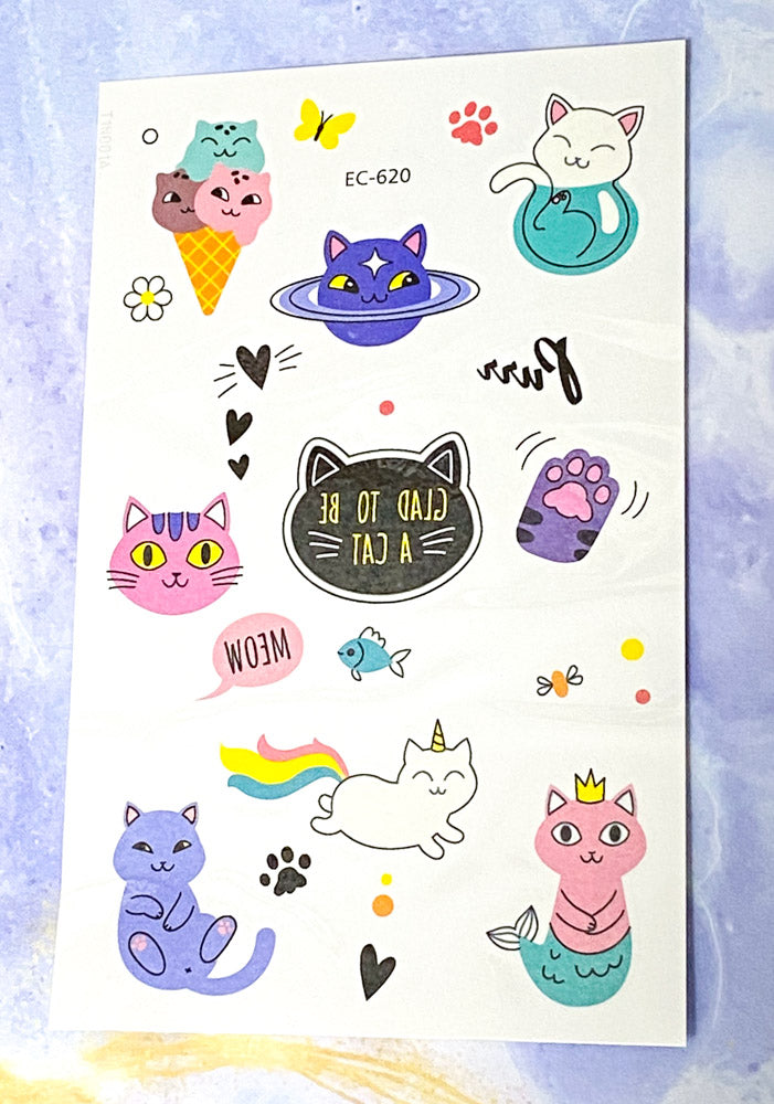 kawaii cat temporary tattoo tattoos cats cute uk gift gifts kids pretty kitty kittens cartoon funny ice cream sweets bright sheet pack party fillers space planet magic