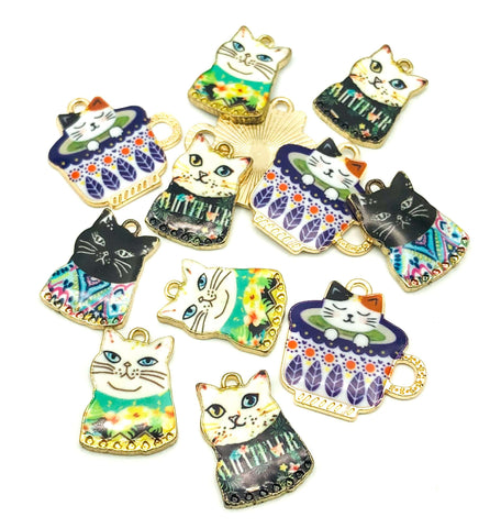 kawaii cat gold tone charm teacup jumper cute charms uk cats enamel craft supplies