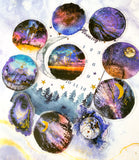 magical magic circle circular moon moons trees woodland forest sky galaxy sticker stickers flake flakes pack gold foil foiled mystic mystical stars watercolour PET plastic clear pack 30 uk stationery silhouette cute kawaii sunset sunrise