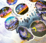 magical magic circle circular moon moons trees woodland forest sky galaxy sticker stickers flake flakes pack gold foil foiled mystic mystical stars watercolour PET plastic clear pack 30 uk stationery silhouette cute kawaii sunset sunrise