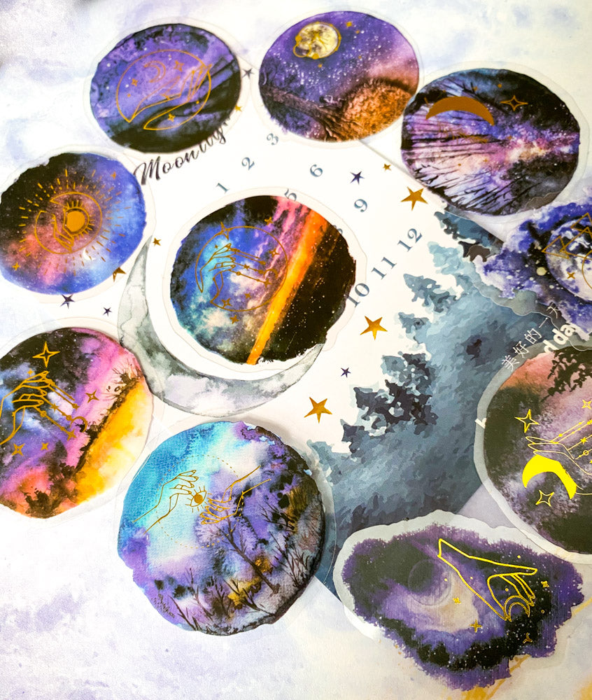 magical magic circle circular moon moons trees woodland forest sky galaxy sticker stickers flake flakes pack gold foil foiled mystic mystical stars watercolour PET plastic clear pack 30 uk stationery silhouette cute kawaii sunset sunrise