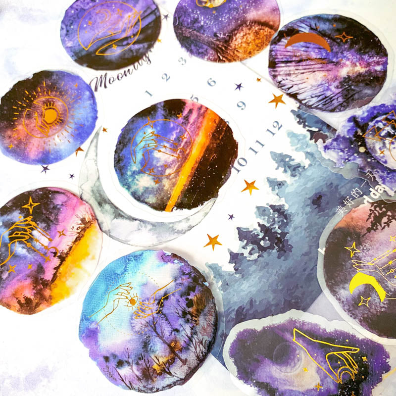 magical magic circle circular moon moons trees woodland forest sky galaxy sticker stickers flake flakes pack gold foil foiled mystic mystical stars watercolour PET plastic clear pack 30 uk stationery silhouette cute kawaii sunset sunrise