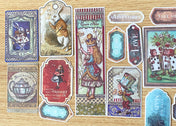 alice in wonderland ephemera stickers sticker pack vintage retro style old illustrations scrapbooking card making planner stationery cute kawaii uk white rabbit cheshire cat teapot labels tags