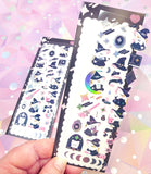 halloween white cats cats witch witches hat hats halloween spooky holo laser foil holographic stickers sticker sheet pack cute kawaii magic magical stars moon wand broom stick spooky 