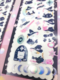 halloween white cats cats witch witches hat hats halloween spooky holo laser foil holographic stickers sticker sheet pack cute kawaii magic magical stars moon wand broom stick spooky pink and black