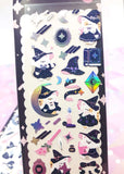 halloween white cats cats witch witches hat hats halloween spooky holo laser foil holographic stickers sticker sheet pack cute kawaii magic magical stars moon wand broom stick spooky pink and black