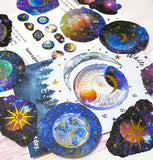 magic magical solar system galaxy moon sun planets saturn universe white moonlight gold foil foiled sticker stickers flakes flake pack of 30 large round earth space clear plastic pet