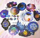 magic magical solar system galaxy moon sun planets saturn universe white moonlight gold foil foiled sticker stickers flakes flake pack of 30 large round earth space clear plastic pet