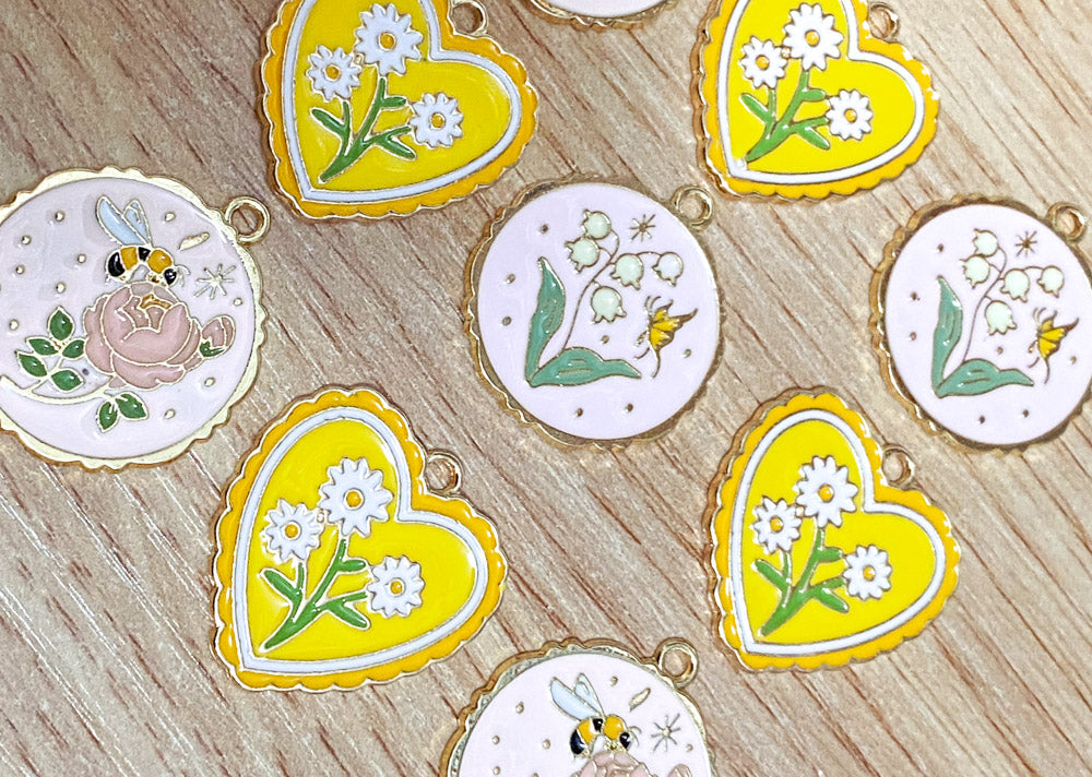 spring charms enamel charm heart hearts yellow pink flower flowers bee bees butterfly gold tone metal daisy rose butterfly uk craft supplies large big pendant 