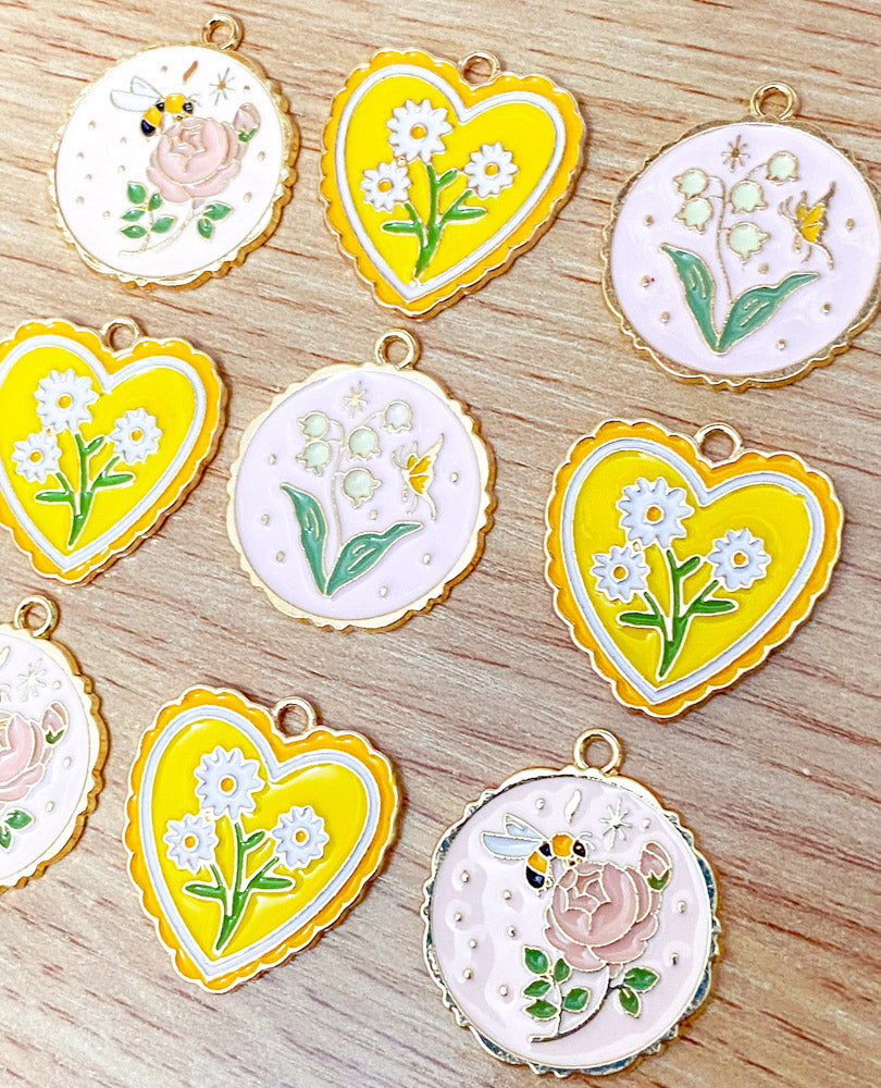 spring charms enamel charm heart hearts yellow pink flower flowers bee bees butterfly gold tone metal daisy rose butterfly uk craft supplies large big pendant