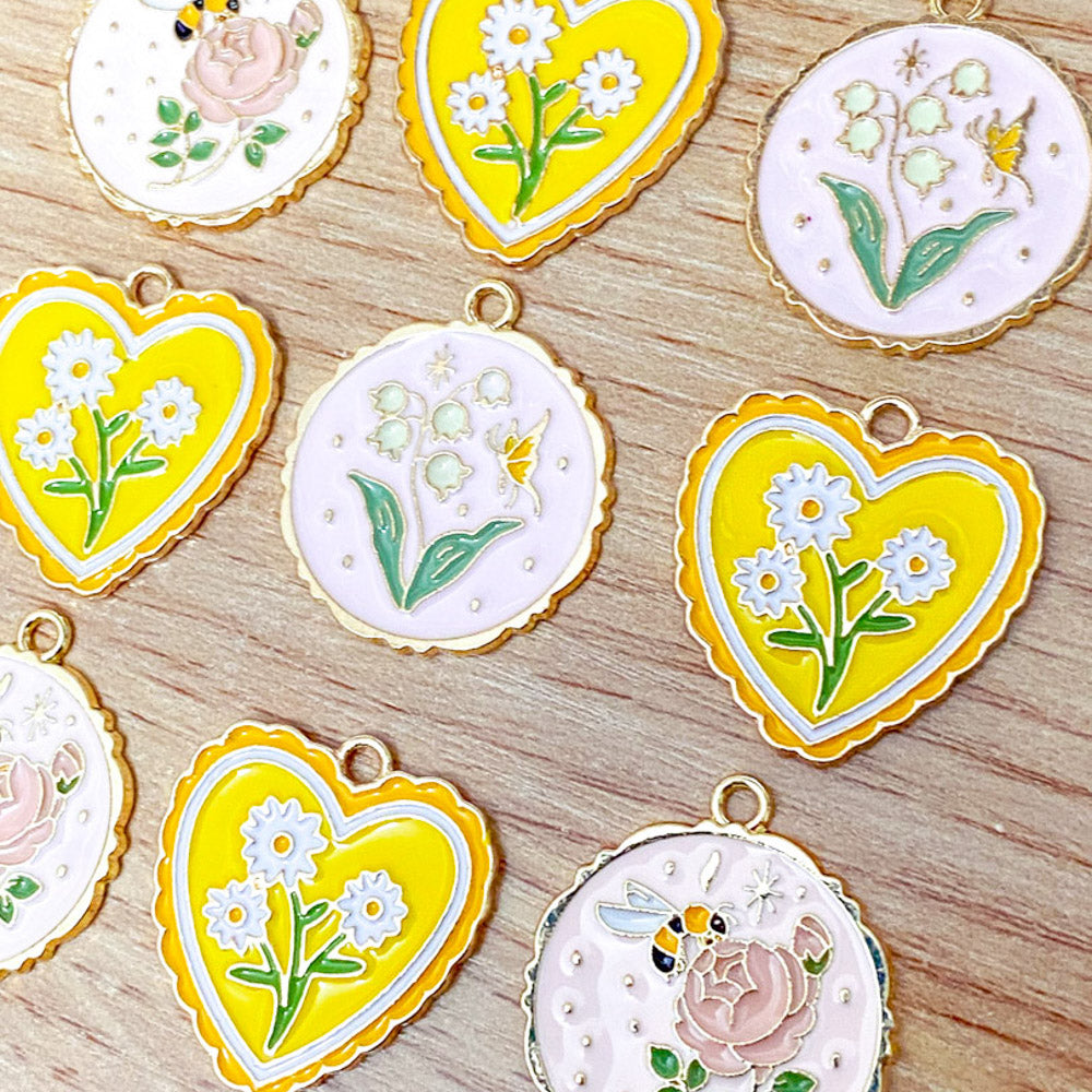 spring charms enamel charm heart hearts yellow pink flower flowers bee bees butterfly gold tone metal daisy rose butterfly uk craft supplies large big pendant