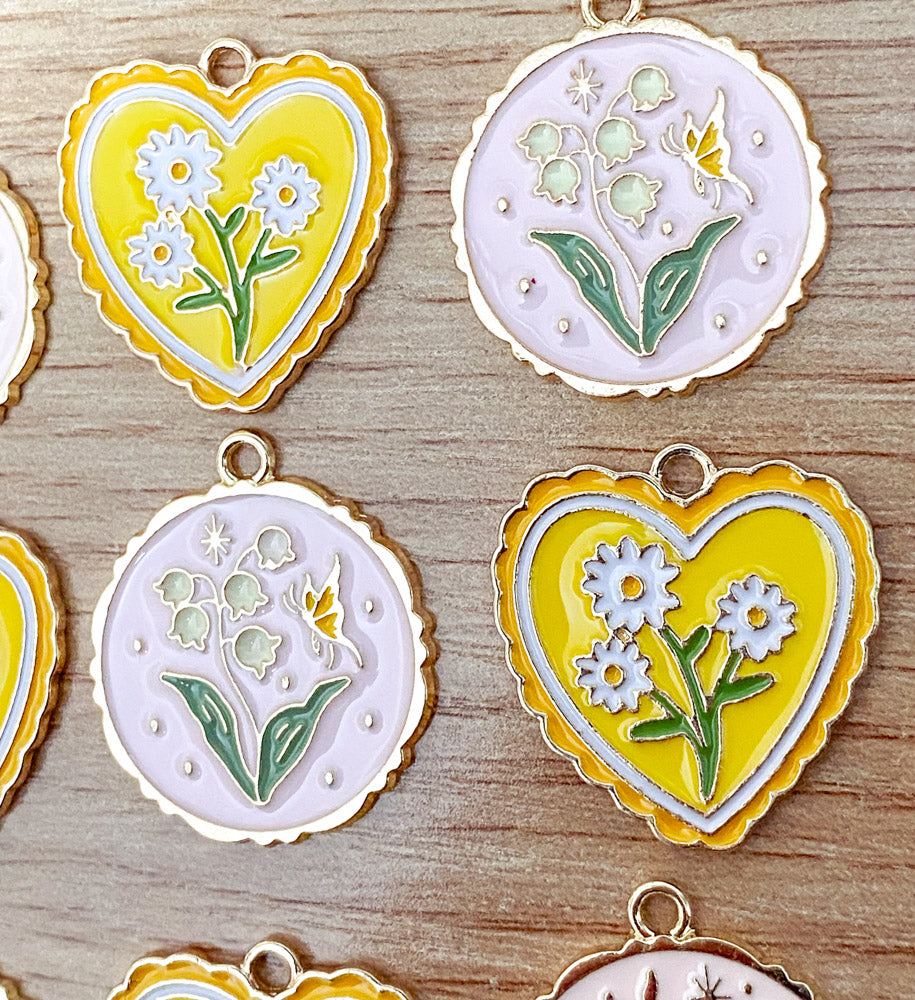 spring charms enamel charm heart hearts yellow pink flower flowers bee bees butterfly gold tone metal daisy rose butterfly uk craft supplies large big pendant