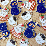 cute kawaii cat charm charms midnight blue large cat moon face strawberry cake gateau pink teacup coffee cup cups gold tone metal enamelled uk craft supplies black red white