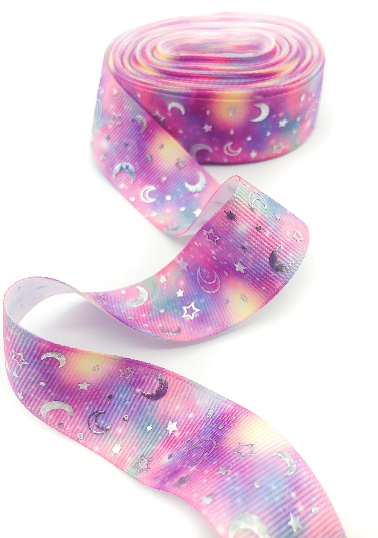 yard pink ombre grosgrain ribbon lilac star stars foil silver foiled 25mm wide uk cute kawaii craft supplies blue galaxy moon moons holo holographic