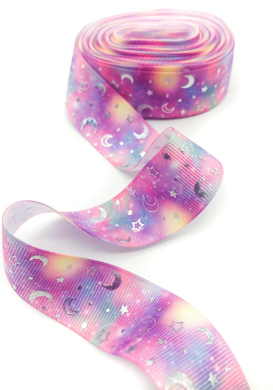 yard pink ombre grosgrain ribbon lilac star stars foil silver foiled 25mm wide uk cute kawaii craft supplies blue galaxy moon moons holo holographic