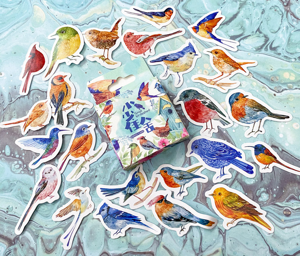 bird birds garden wildlife sticker flakes flake stickers mini box 46 little pack uk cute kawaii stationery robin wren jay humming starling blue tit
