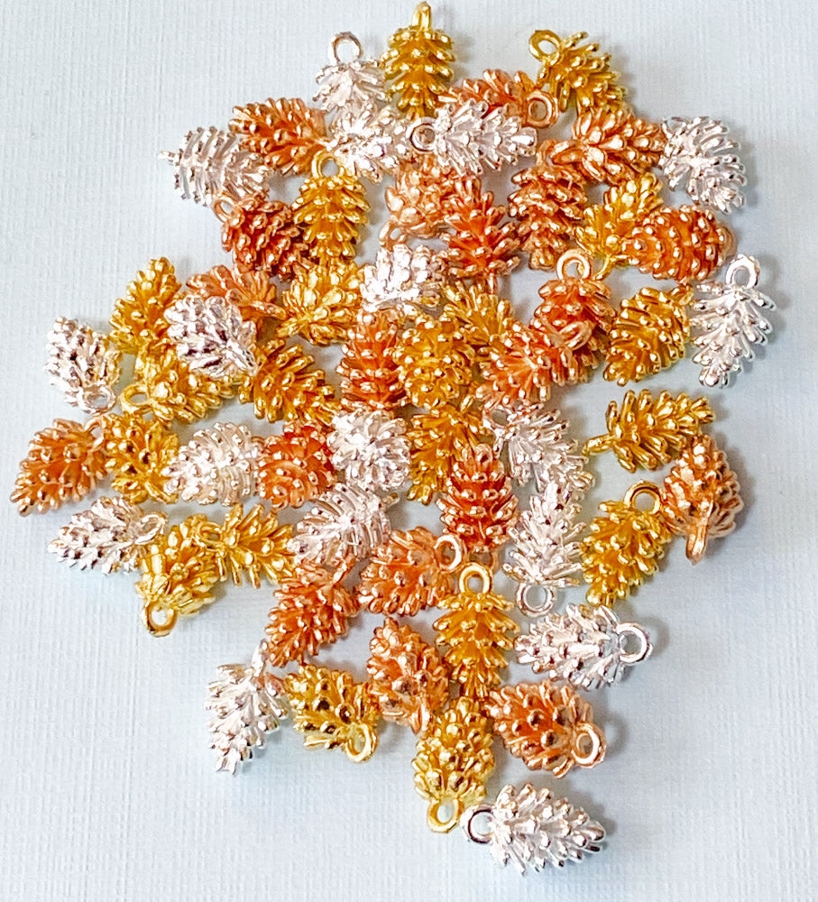 fir cone cones small 12mm metal charm charms silver bright gold rich rose copper colour uk craft supplies christmas festive trees jewellery supplies