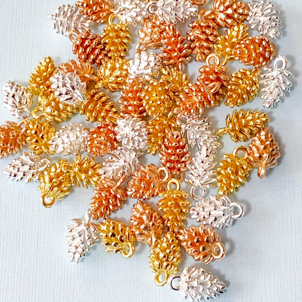 fir cone cones small 12mm metal charm charms silver bright gold rich rose copper colour uk craft supplies christmas festive trees jewellery supplies