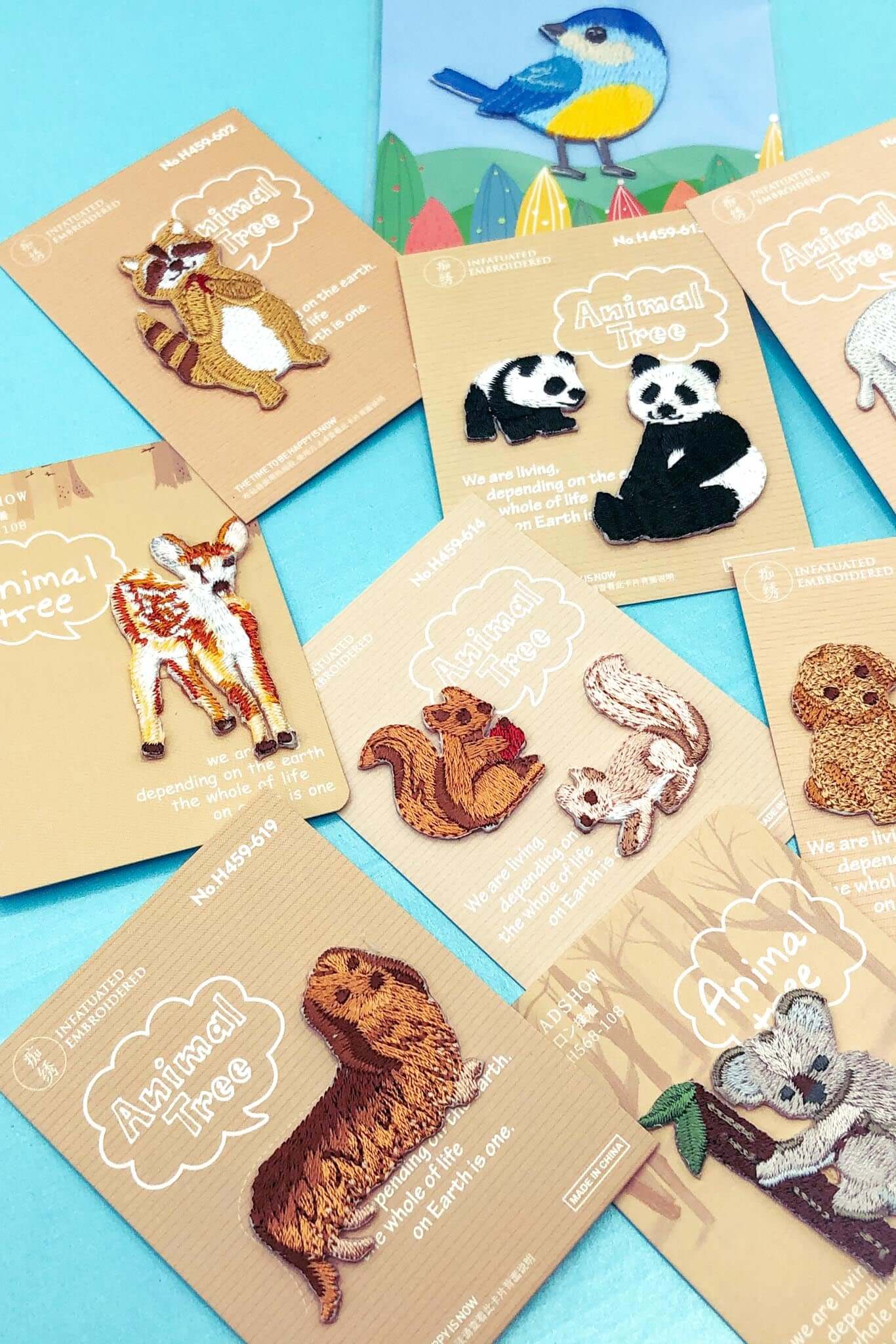 cute animal iron on applique fabric patch patches gift gifts squirrel dog dogs raccoon raccoons panda pandas elephant elephants blue tit birds bird deer