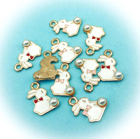 bunny rabbit and pearl spring gold tone enamel charm red pink bow uk cute kawaii charms craft supplies