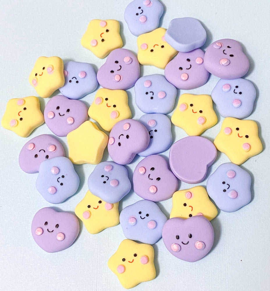 happy kawaii smiling face cloud star heart clouds stars hearts resin fb flatback flat back backs embellishment uk cute blue yellow lilac purple fbs
