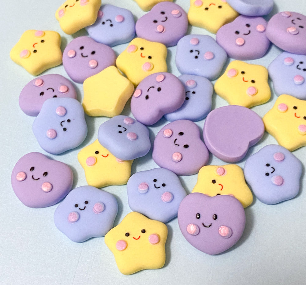 happy kawaii smiling face cloud star heart clouds stars hearts resin fb flatback flat back backs embellishment uk cute blue yellow lilac purple fbs