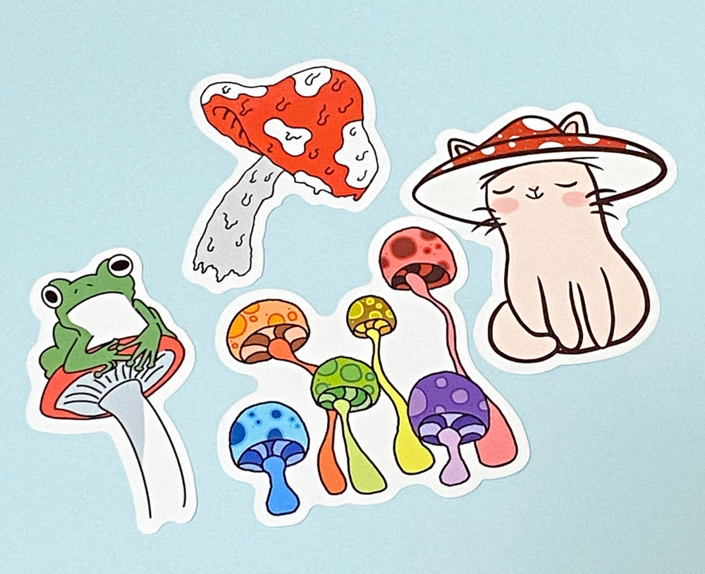 cute kawaii mushroom mushrooms shroom shrooms laptop glossy sticker stickers pack funny sweet frog cat crystal crystals cats frogs snail colourful gift stationery uk set sets