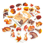 autumn wood woodland animals and plants cute kawaii sticker flakes stickers box mini pack of 46 uk stationery planner brown nature colours orange  forest mushroom rabbit deer bunny fox bears squirrel raccoon acorn leaf leaves