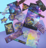 galaxy 60 large sticker flakes gold foiled cosmos constellations quotes blue purple stars outer space pack sticker uk cute kawaii stationery