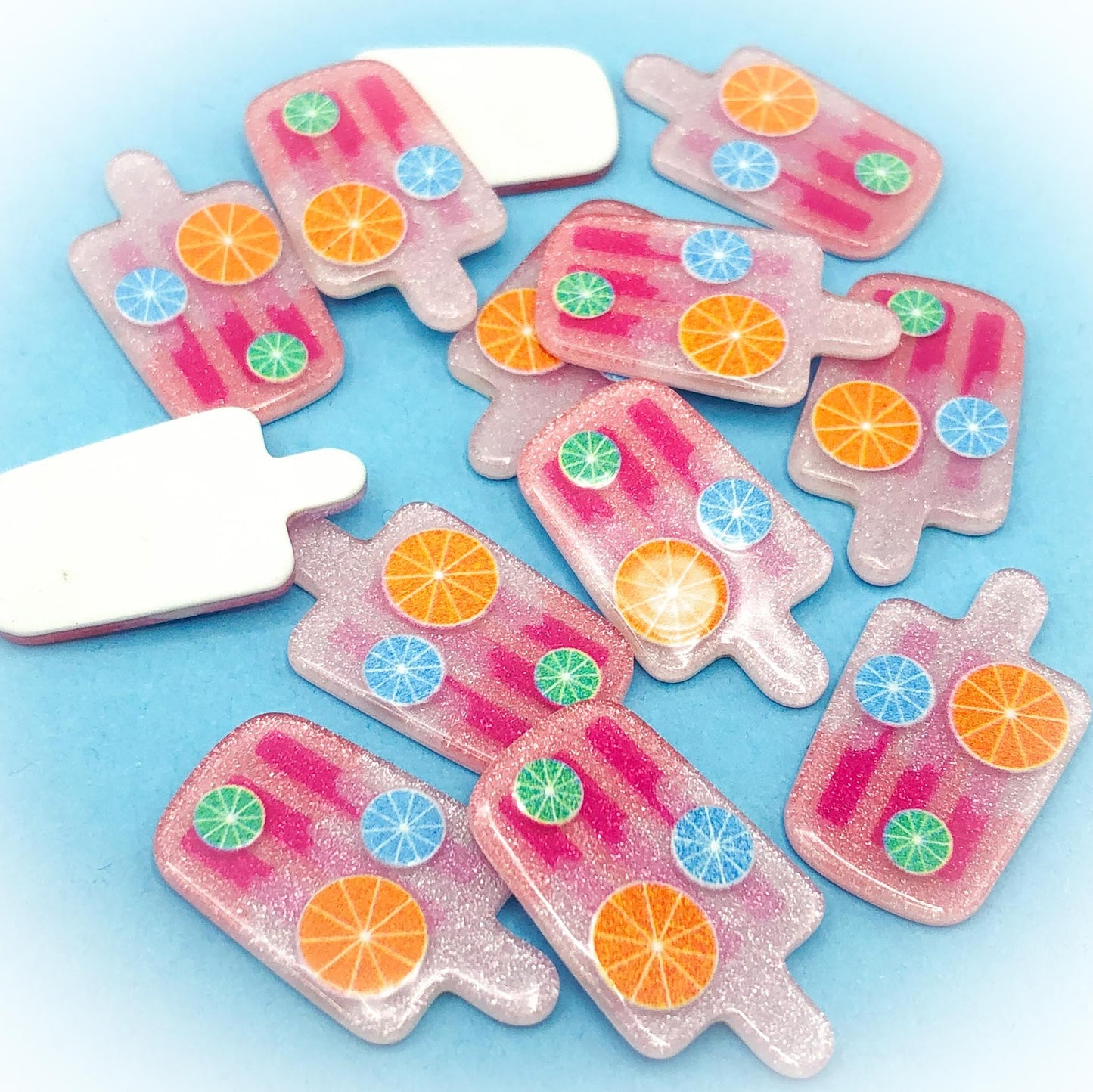 resin acrylic lolly lollies ice cream creams ices flatback flat back resins pink citrus summer ices glossy orange sunny glitter glittery fbs uk cute kawaii craft supplies ice-lolly