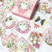 spring sticker flake flakes cat cats pretty flower floral flowers bunny rabbit rabbits bunnies mini box of 46 stickers cute kawaii stationery pink uk 