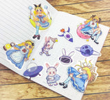 alice in wonderland cute kawaii clear plastic sticker stickers flake flakes uk stationery cheshire cat rabbit space sweets galaxy mad hatter mushroom clock drink me eat cake tea potion bunny rabbit planet astronaut moon rocket