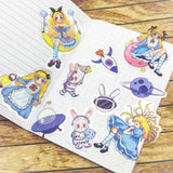 alice in wonderland cute kawaii clear plastic sticker stickers flake flakes uk stationery cheshire cat rabbit space sweets galaxy mad hatter mushroom clock drink me eat cake tea potion bunny rabbit planet astronaut moon rocket