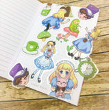 alice in wonderland cute kawaii clear plastic sticker stickers flake flakes uk stationery cheshire cat rabbit space sweets galaxy mad hatter mushroom clock drink me eat cake tea potion bunny rabbit