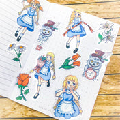 alice in wonderland kawaii sticker flake flakes stickers clear plastic 30 pack uk cute stationery cheshire cat cats flower flowers floral rose red daisy