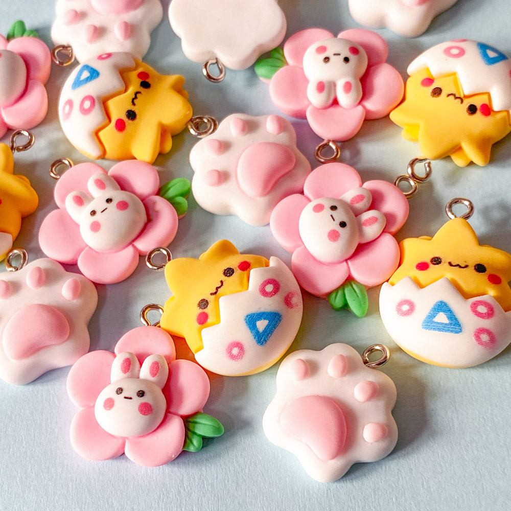 spring cute kawaii resin silver tone hook charm charms yellow pink white rabbit rabbits flower flowers floral chick egg yellow white paw print uk craft supplies